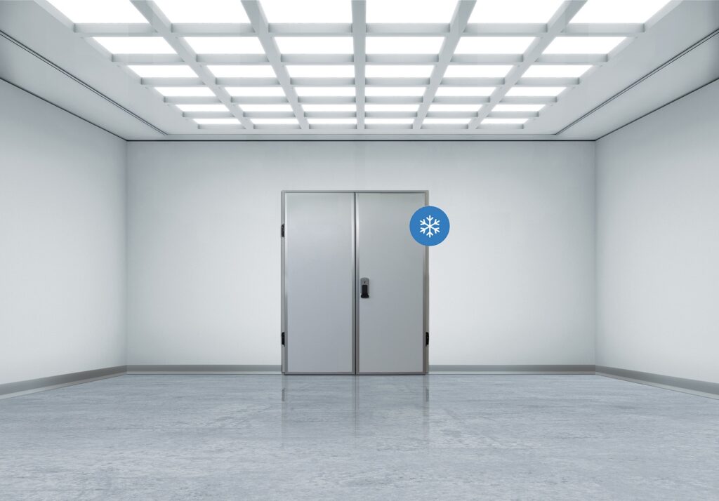 Empty sterile room with grid lights, polished floor, double metal door, blue snowflake icon.