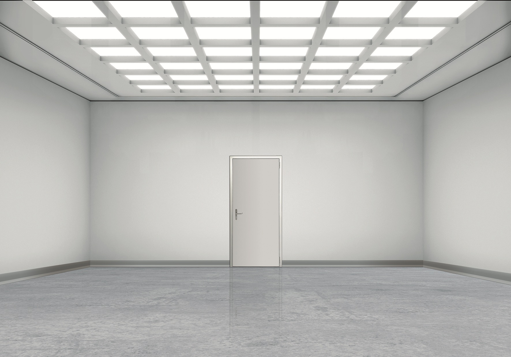 Empty white room with grid ceiling lights and a centered closed door.