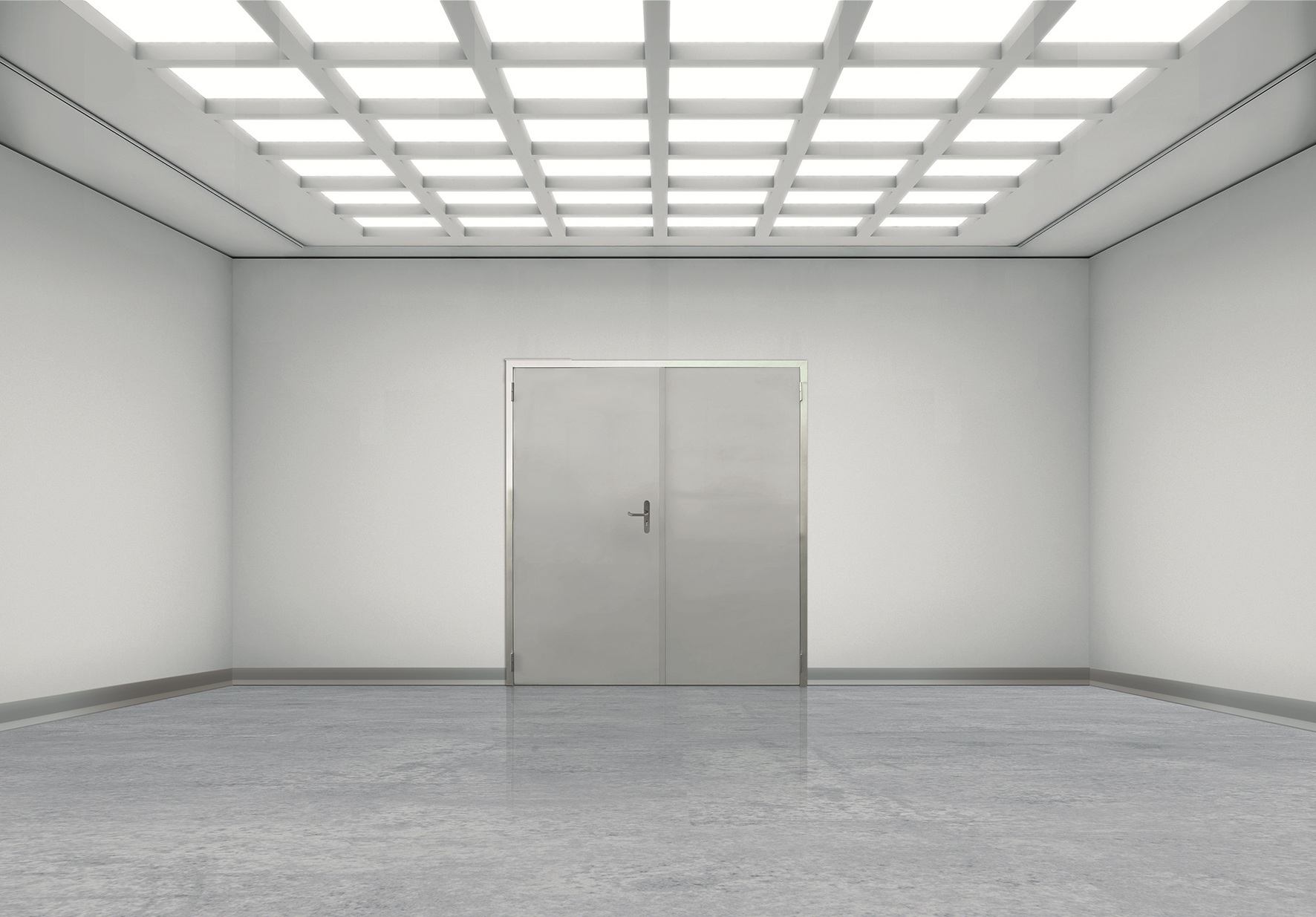 Sterile room with grid ceiling lights and metal double doors