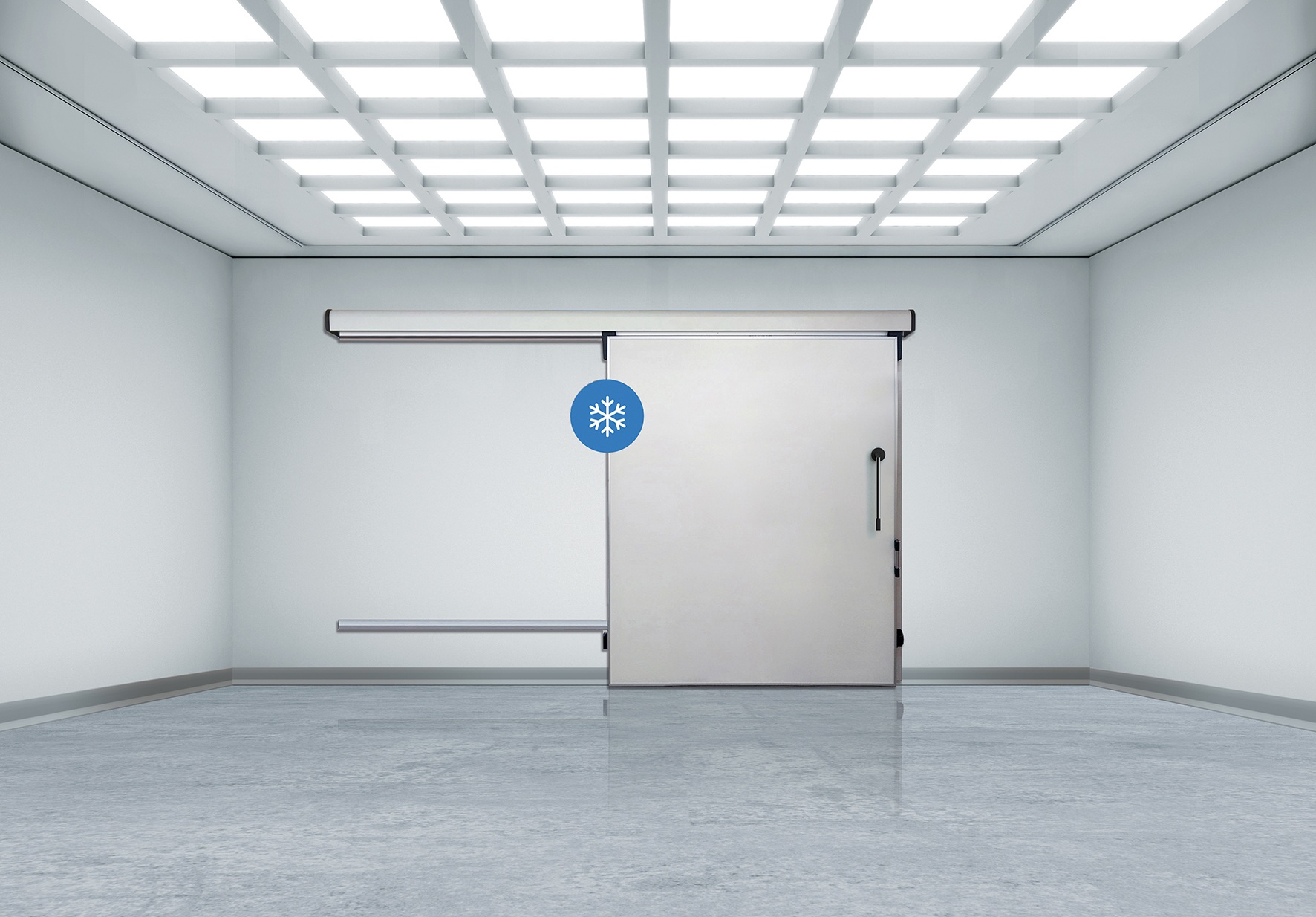 Bright industrial room with sliding cold storage door and snowflake icon