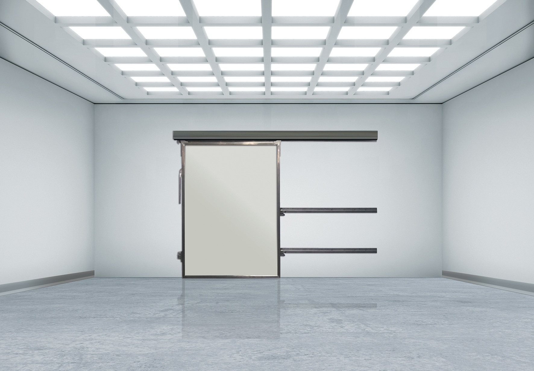 Minimalist clean room with a central sliding door and grid lights.