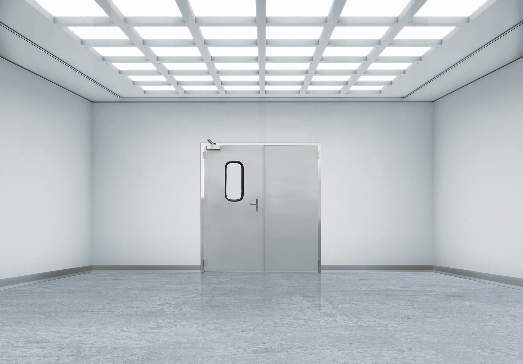 Minimal white room with grid ceiling lights and stainless double door