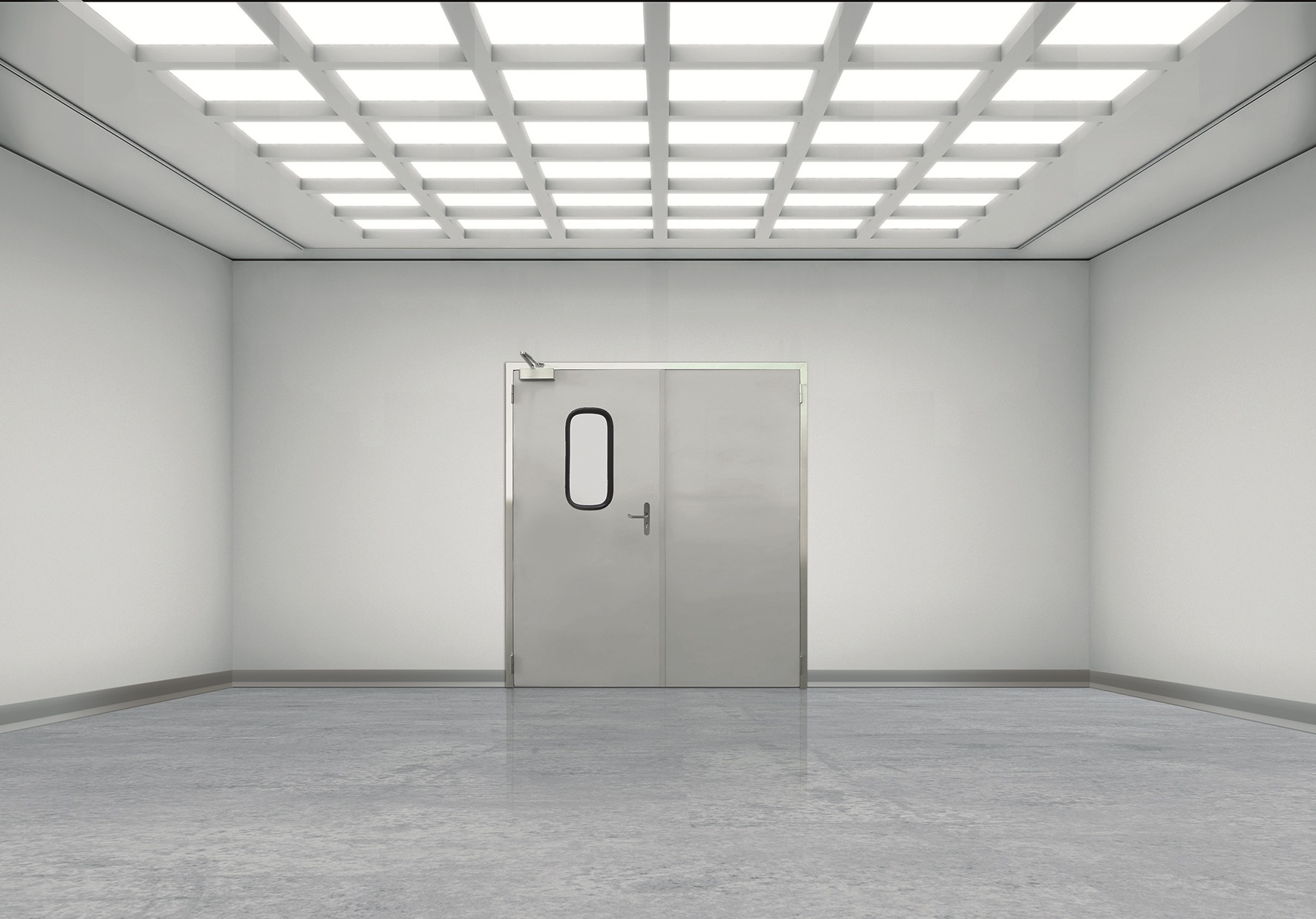 Empty cleanroom with stainless double doors and grid ceiling lights.