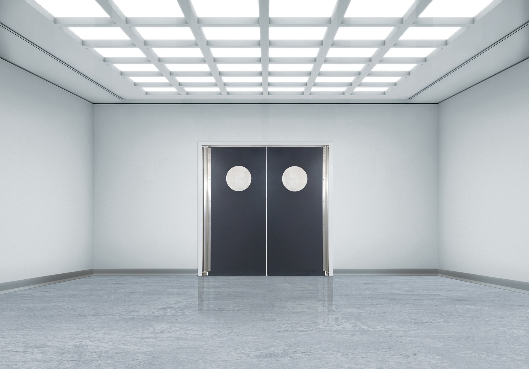 Bright, minimalist room with black double swing doors featuring round windows.