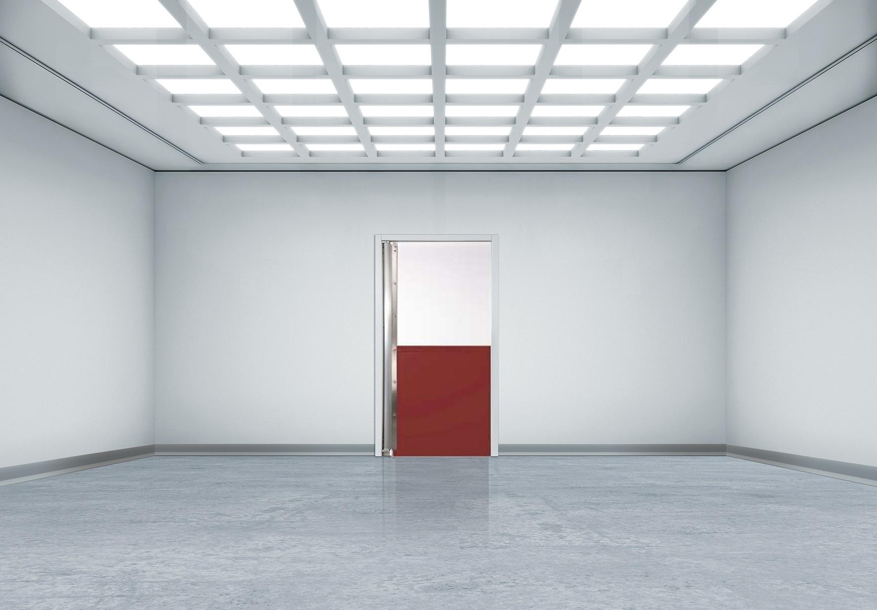 Minimalist white room with grid ceiling lights, polished concrete floor, and a doorway with red panel