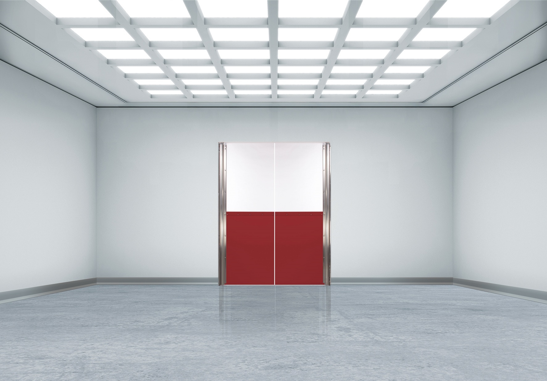 Minimalist cleanroom with grid ceiling lights and red-and-white double swing door.